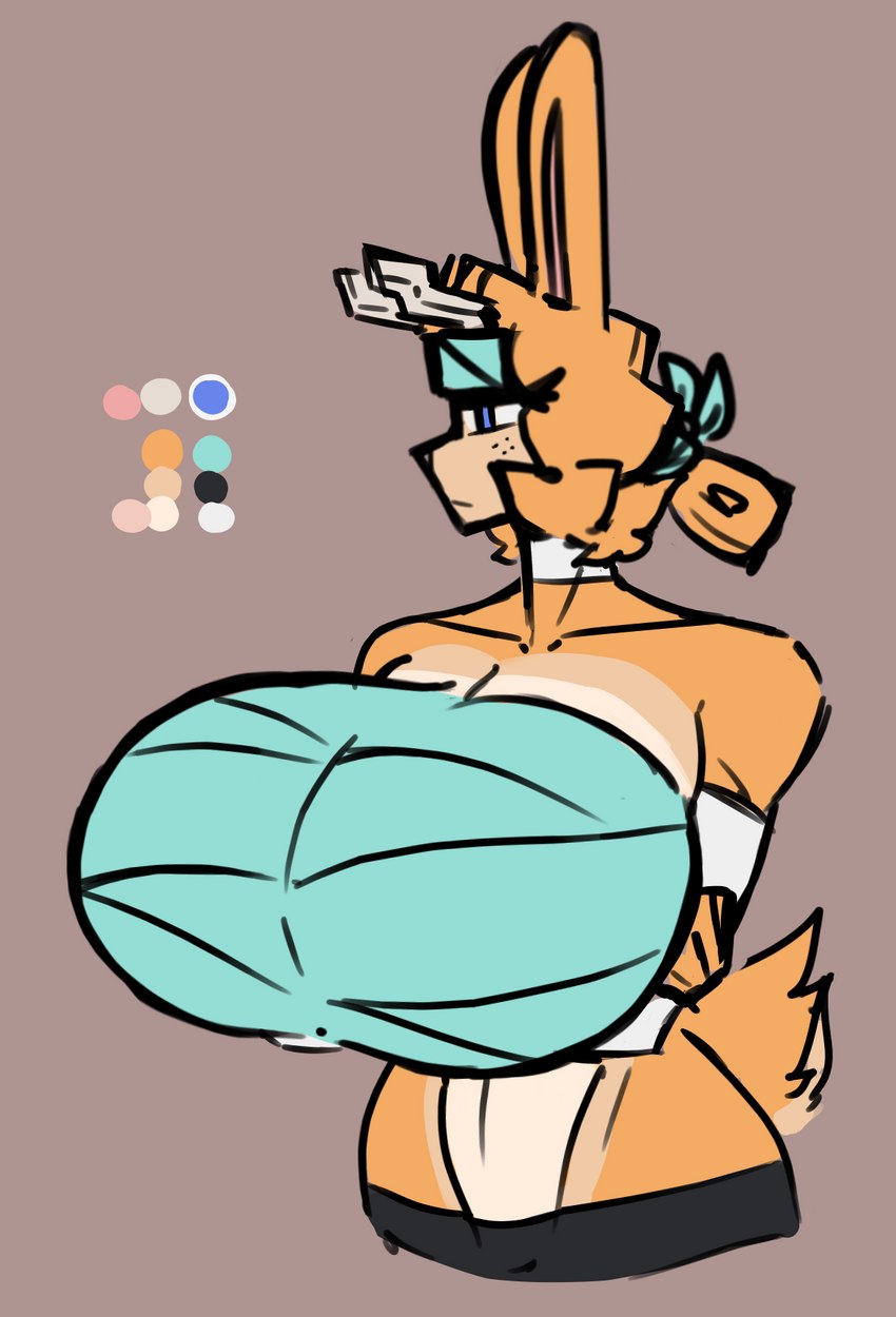 anthro antlers big_breasts blue_eyes breasts chest_wraps choker color_swatch crossed_arms female freckles fur horn huge_breasts jewelry kerchief looking_away necklace orange_body orange_fur solo wide_hips wraps shewiff hazel_(shewiff) jackalope lagomorph mammal hi_res