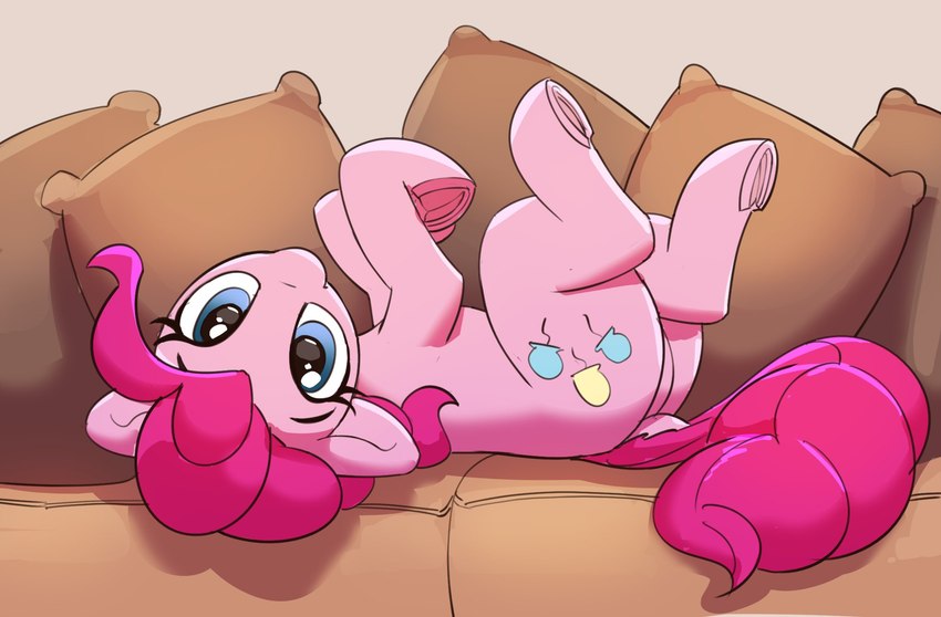 blue_eyes cutie_mark eyebrows eyelashes featureless_crotch female feral hair hooves looking_at_viewer lying on_back pillow pink_body pink_hair pink_tail quadruped solo tail pabbley friendship_is_magic hasbro my_little_pony pinkie_pie_(mlp) earth_pony equid equine horse mammal pony 2023 hi_res