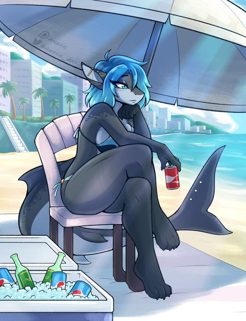 anthro beach beach_umbrella beverage beverage_can bikini blue_eyes blue_hair bottle breasts building chair clothing container crossed_legs ear_piercing eyebrows eyelashes feet female furgonomics furniture furry-specific_piercing grey_body hair holding_beverage holding_object industrial_piercing outside parasol piercing seaside short_hair side-tie_bikini sitting solo string_bikini swimwear tail tail_piercing two-piece_swimsuit ambris erika_(ambris) fish marine shark 2023 hi_res