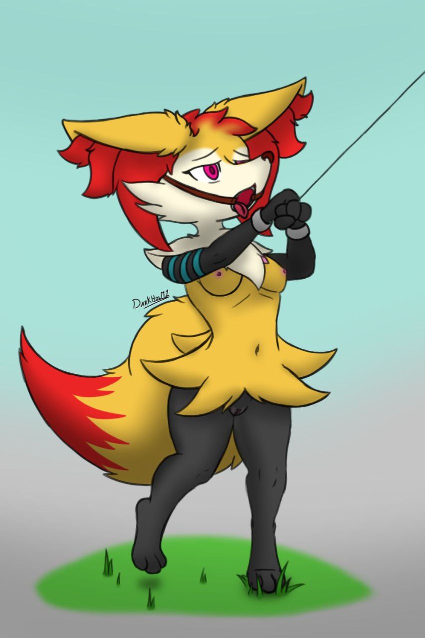 anthro breasts cuff_(restraint) female gag genitals handcuffs metal_cuffs open_mouth pussy restraints solo darkholm1 nintendo pokemon braxiss_(darkholm1) braixen canid canine generation_6_pokemon mammal pokemon_(species) hi_res