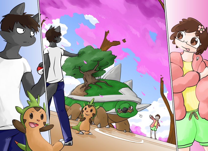 anthro female feral male semi-anthro tomotomo15 nintendo pokemon chespin generation_4_pokemon generation_6_pokemon human mammal pokemon_(species) torterra absurd_res hi_res