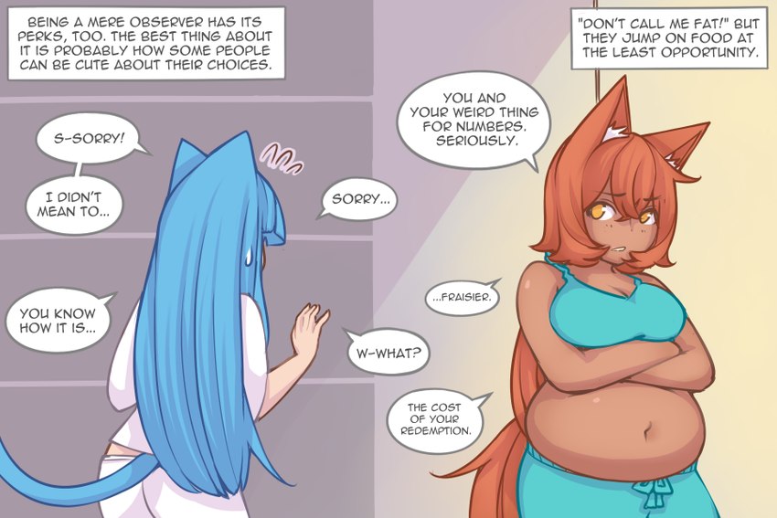 belly big_breasts blue_hair breasts cleavage clothed clothing dialogue female hair inner_monologue navel orange_eyes orange_hair overweight overweight_female overweight_humanoid solo speech_bubble tail text thinking pixiveo myu_(pixiveo) zina_(pixiveo) animal_humanoid canid canid_humanoid canine canine_humanoid cat_humanoid felid felid_humanoid feline feline_humanoid fox_humanoid humanoid mammal mammal_humanoid 3:2 comic english_text