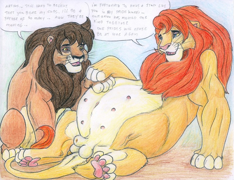 belly big_belly dialogue digitigrade duo feral male pregnant pregnant_male quadruped tail tail_tuft text tuft leovictor arthos sykur felid lion mammal pantherine 2008 comic english_text