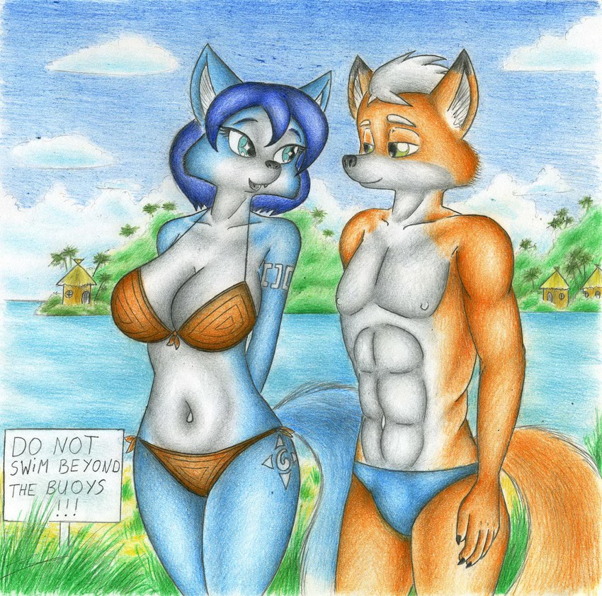 abs anthro athletic athletic_anthro athletic_male big_breasts bikini bikini_bottom bikini_top blue_body blue_fur blue_hair breasts clothing duo fangs female fur hair male male/female navel orange_body orange_fur sign smile speech_bubble speedo swimwear teeth text two-piece_swimsuit water sinaherib nintendo star_fox fox_mccloud krystal_(star_fox) canid canine fox mammal 2024 english_text hi_res story story_in_description