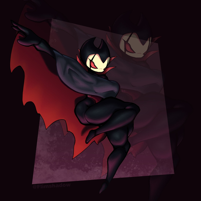 barefoot biped black_body breasts butt cloak clothed clothing crossgender empty_eyes eyelashes feet female fingers front_view medium_breasts mtf_crossgender pose red_eyes simple_background solo text thick_thighs three-quarter_view topwear flimshadow hollow_knight_(franchise) team_cherry grimm_(hollow_knight) arthropod humanoid insect 1:1 2024 artist_name digital_drawing_(artwork) digital_media_(artwork) hi_res