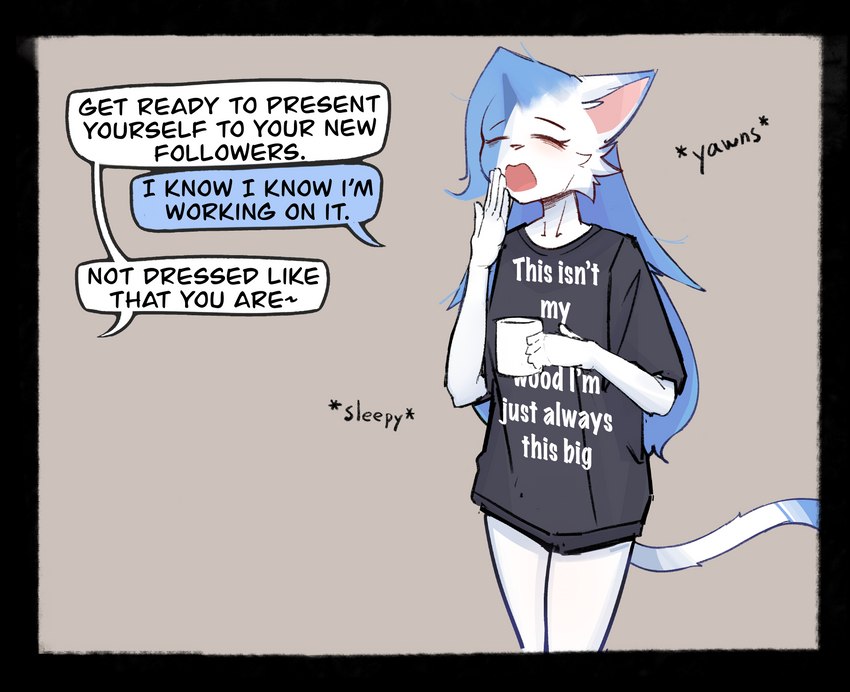 ambiguous_gender anthro blue_hair clothing coffee_mug duo femboy hair oversized_clothing oversized_shirt oversized_topwear shirt text tired topwear white_body ds0ivi0 stiria felid feline humanoid mammal absurd_res english_text hi_res