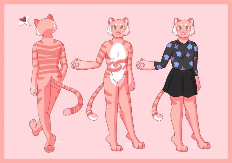 anthro border bottomwear breasts clothing featureless_breasts female fur heart_symbol nude pink_background pink_body pink_border pink_fur simple_background skirt solo stripes apex_(artist) apex_(character) felid mammal pantherine tiger 2015 model_sheet