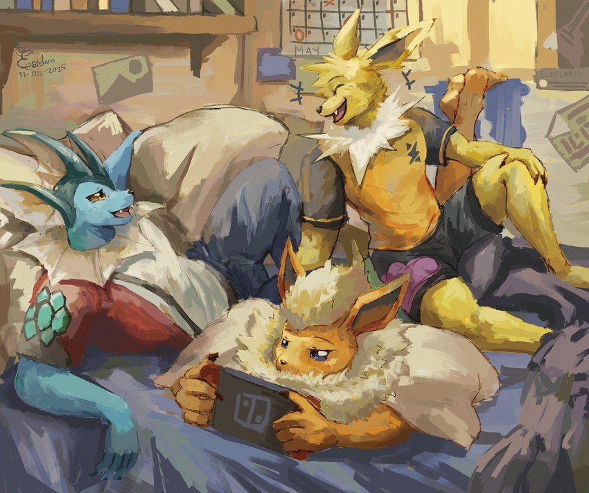 anthro bed bedroom blue_body blue_skin bookshelf calendar claws clothed clothing ear_fins electronics fangs fin frill_(anatomy) fur furniture game_console gaming group head_fin inside laugh male mane membrane_(anatomy) membranous_frill open_mouth orange_body orange_fur pillow switch_console tan_body tan_fur teeth trio yellow_body yellow_fur estelaris nintendo nintendo_switch pokemon eeveelution flareon generation_1_pokemon jolteon pokemon_(species) vaporeon absurd_res hi_res
