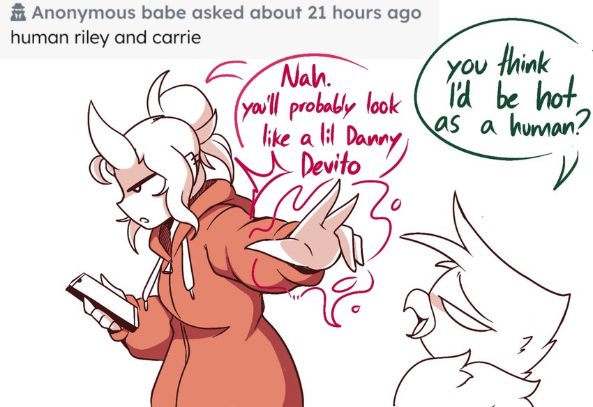 anthro beak clothing dialogue duo ear_piercing ear_ring electronics female hair hair_bun insult magic magic_user male phone piercing q&a ring_piercing text tuft giidenuts carrie_(giidenuts) riley_(giidenuts) avian bird demon humanoid succubus english_text hi_res