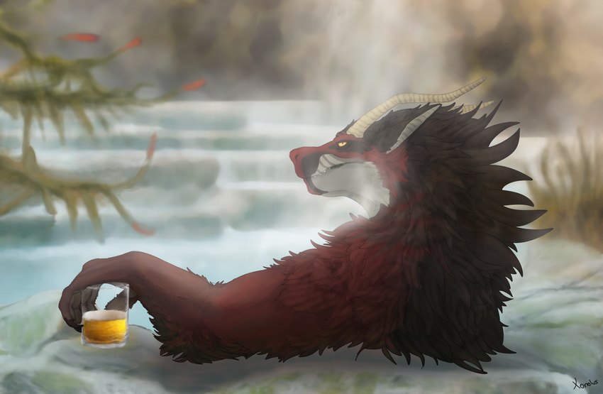 alcohol amber_eyes anthro beer beverage black_body black_fur black_mane fur horn hot_spring looking_at_viewer male mane red_body red_fur solo water white_body white_fur white_horn svevato mythology xonolus_(character) dragon furred_dragon furred_scalie mythological_creature mythological_scalie scalie hi_res