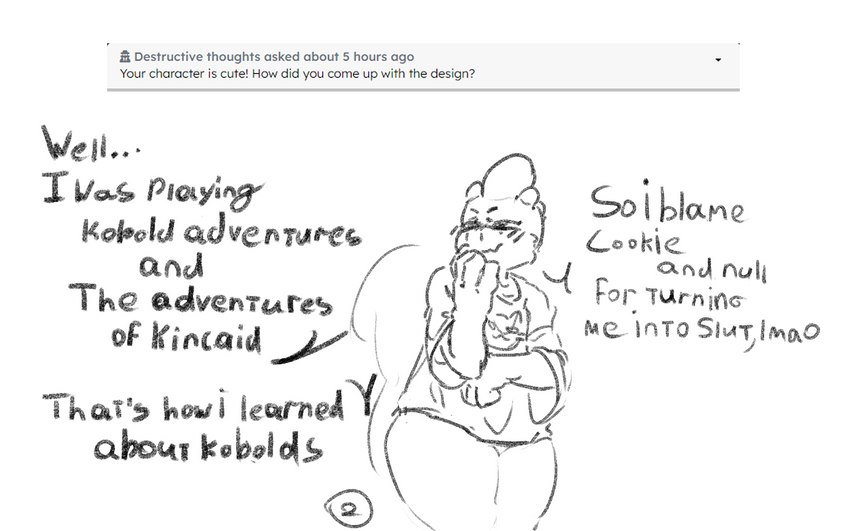 answer anthro asking asking_another big_butt big_tail blush blush_lines bottomless butt clothed clothing dialogue eyes_closed femboy grin horn male partially_clothed question scales shirt shirt_only skimpy smile smirk smug smug_face solo speech_bubble tail talking_to_another text thick_thighs topwear topwear_only wide_hips dumliz kobold_adventure the_adventures_of_kincaid lizetor kobold lizard reptile scalie 16:10 comic digital_media_(artwork) english_text hi_res line_art monochrome widescreen