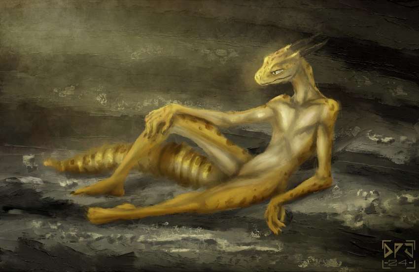 anthro cave green_eyes horn lounging rock skinny slim tail volumetric_lighting yellow_body dirtypaperjoe mythology dragon eublepharid gecko hybrid leopard_gecko lizard mythological_creature mythological_scalie reptile scalie 2024 digital_media_(artwork) digital_painting_(artwork) hi_res