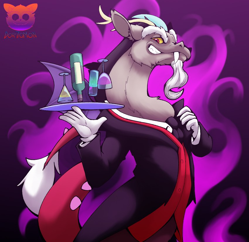 alcohol anthro beverage butler clothed clothing gloves handwear looking_at_viewer male solo suit doritomon friendship_is_magic hasbro my_little_pony discord_(mlp) chimera draconequus hi_res