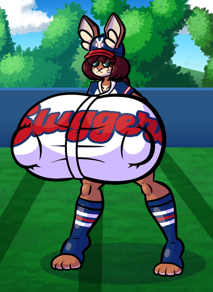 anthro baseball_cap baseball_field baseball_uniform big_breasts bottomwear breasts brown_hair clothing countershading female footwear fur green_eyes hair hat headgear headwear huge_breasts hyper hyper_breasts jersey nipple_outline outside ponytail shorts socks solo sportswear tan_body tan_countershading tan_fur uniform sprucy lagomorph leporid mammal rabbit