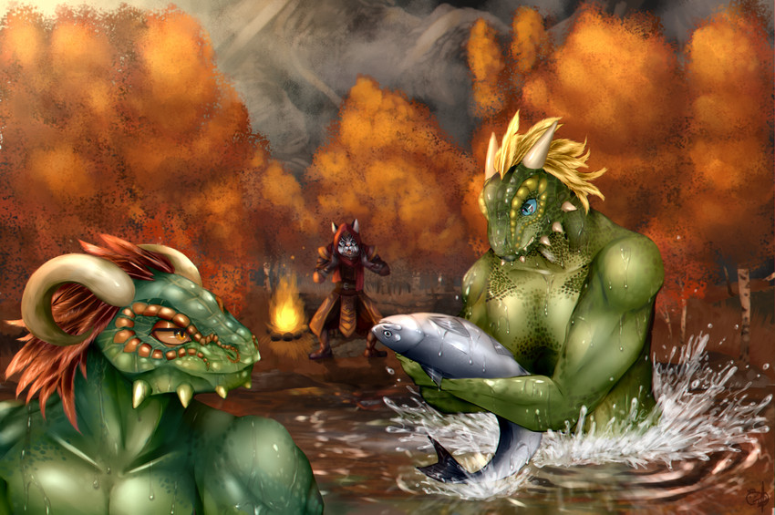 anthro blue_eyes campfire clothed clothing detailed_background feathers fishing forest fur green_body green_scales group horn lake male orange_body orange_eyes orange_feathers outside plant scales topless tree water white_body white_fur yellow_body yellow_feathers coalsack bethesda_game_studios microsoft skyrim the_elder_scrolls derkeethus dovahkiin j'zargo argonian felid khajiit mammal scalie