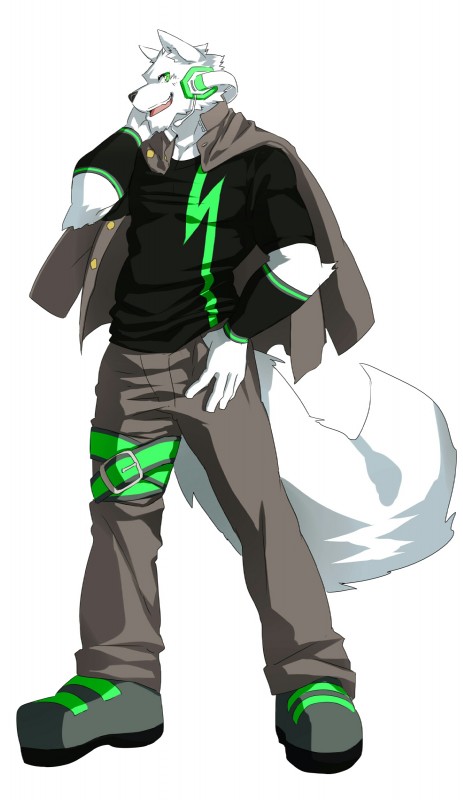 anthro belt black_clothing black_shirt black_topwear clothed clothing electronics fully_clothed fur green_eyes headphones looking_at_viewer male microphone muscular muscular_anthro muscular_male shirt simple_background solo standing topwear white_background white_body white_fur wristband kenn sero_tsugumine canid canine canis domestic_dog mammal wolf absurd_res hi_res