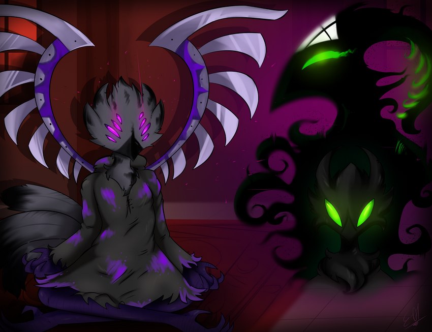 3_toes anthro beak black_body black_feathers claws clothed clothing crossed_legs feathers feet glowing glowing_eyes green_eyes inside looking_at_viewer male meditation metal_wings purple_eyes shadow simple_background sitting solo toes window wings e-01 hellverse nihil_(hellverse) praedo avian bird shadow_creature digital_media_(artwork) hi_res