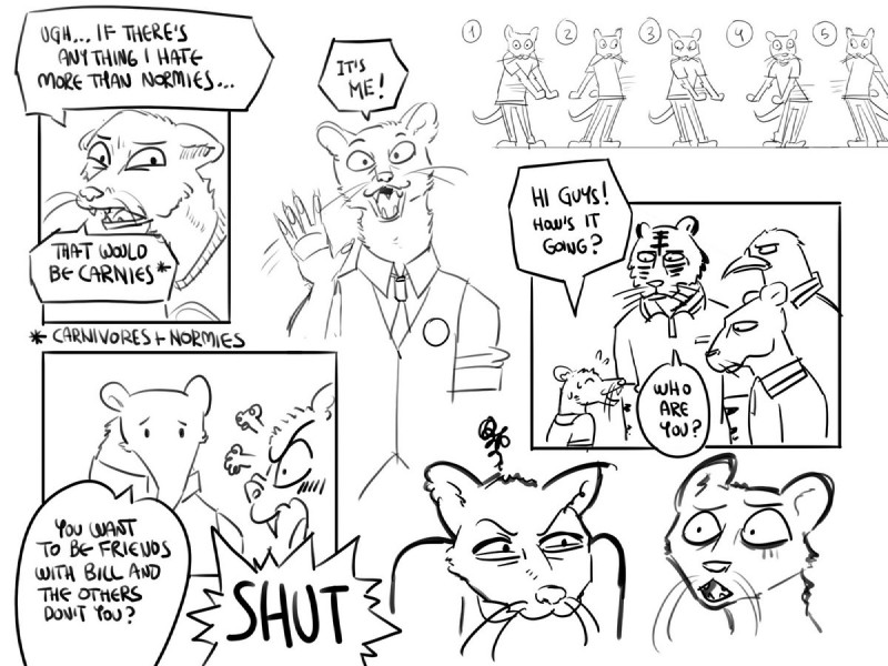 annoyed anthro dancing dialogue floss_(dance) flustered male melanistic size_difference text shtarfish beastars epic_games fortnite aoba_(beastars) bill_(beastars) kai_(beastars) kibi_(beastars) tao_(beastars) accipitrid accipitriform anteater avian bald_eagle bengal_tiger bird eagle felid herpestid mammal mongoose pantherine pilosan sea_eagle tamandua tiger xenarthran 4:3 comic english_text monochrome sketch