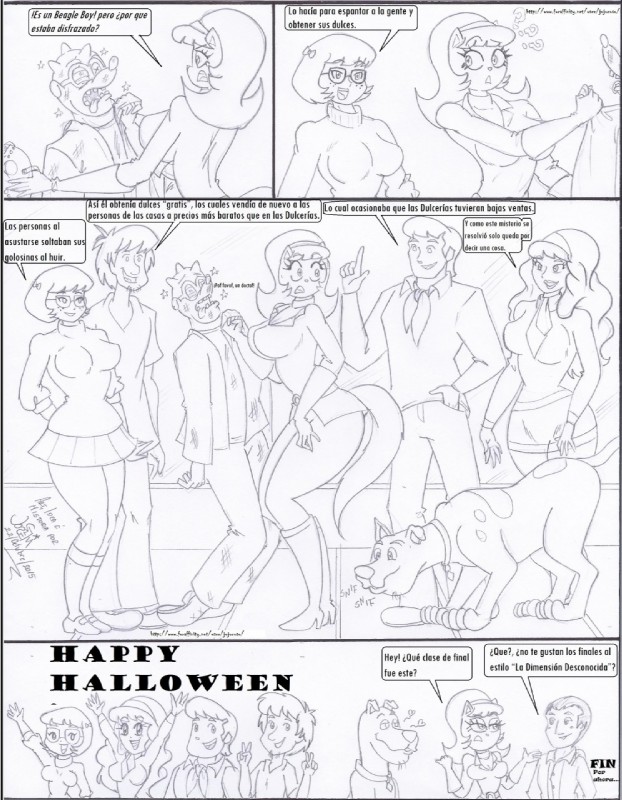 anthro big_breasts breasts clothing eyewear female fight glasses heart_symbol holidays male mask text jojocoso disney halloween hanna-barbera nickelodeon scooby-doo_(series) t.u.f.f._puppy beagle_boys daphne_blake freddy_jones kitty_katswell scooby-doo shaggy_rogers velma_dinkley canid canine canis domestic_cat domestic_dog felid feline felis great_dane human mammal mastiff molosser 2015 comic crossover hi_res monochrome spanish_text translated