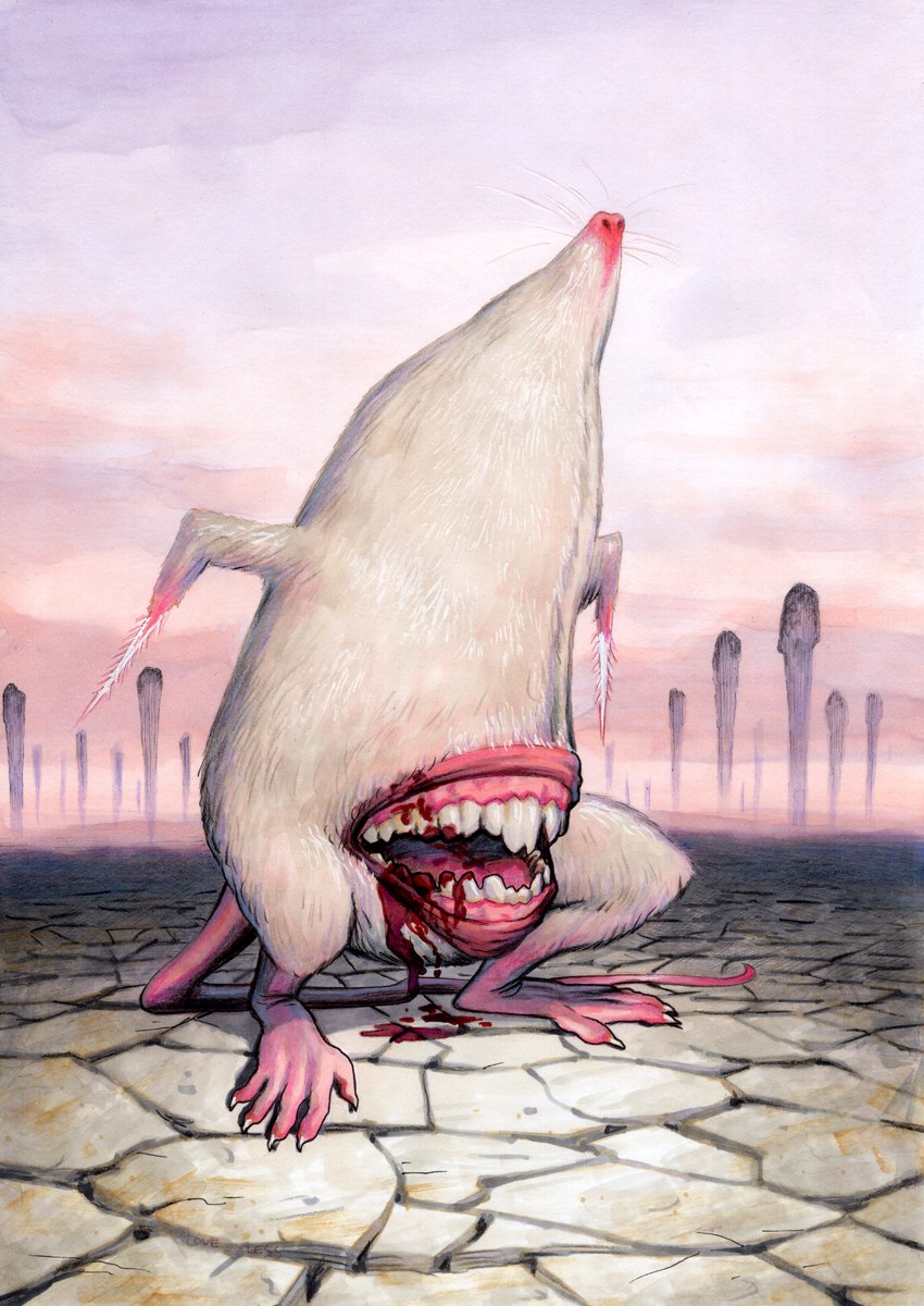 bared_teeth belly_mouth blood bodily_fluids body_horror creepy desolate detailed_background eyeless fangs horror_(theme) low-angle_view nightmare_fuel open_mouth scary teeth unusual_anatomy wasteland dion_hamill distant_star mammal monster murid murine rat rodent 2022 digital_media_(artwork) digital_painting_(artwork) hi_res meme