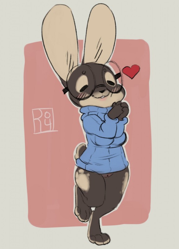 anthro blush bottomless brown_body brown_fur clothed clothing eyes_closed eyewear female fur genitals glasses heart_symbol pussy smile solo sweater tan_body tan_fur topwear reign-2004 kazie lagomorph leporid mammal rabbit 2018 digital_media_(artwork) hi_res