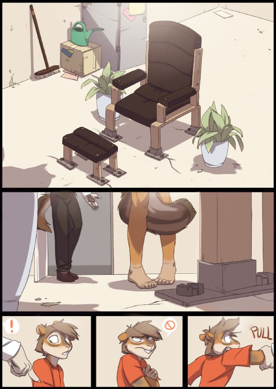 anthro broom cleaning_tool clothed clothing dialogue duo forced furniture inside kettle male plant sofa tail tail_between_legs text unprofessional_behavior zummeng egger canid canine canis domestic_dog mammal rodent sciurid tree_squirrel comic english_text hi_res pictographics