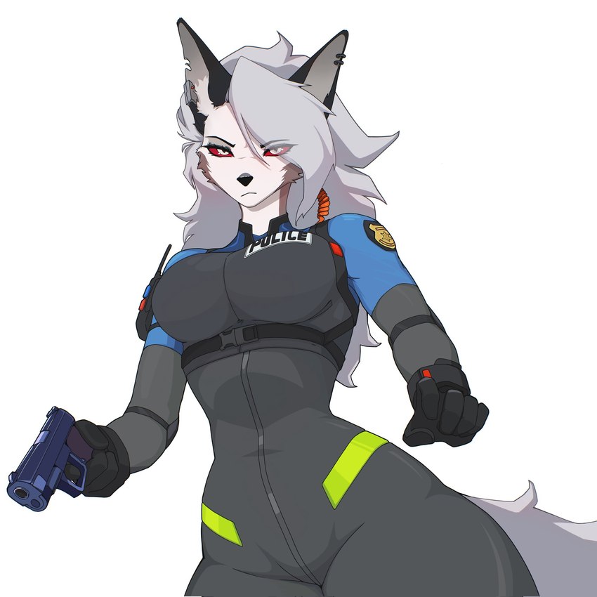 5_fingers anthro biped black_clothing black_gloves black_handwear black_nose breasts clothed clothed_anthro clothed_female clothing female fingers fully_clothed fully_clothed_anthro fully_clothed_female fur gloves grey_body grey_fur grey_hair grey_tail gun hair handgun handwear holding_gun holding_object holding_ranged_weapon holding_weapon looking_at_viewer multicolored_body multicolored_clothing multicolored_fur pistol police police_uniform ranged_weapon red_sclera solo tail two_tone_body two_tone_fur uniform weapon white_body white_fur xxjamiepawxx helluva_boss mythology loona_(helluva_boss) canid canid_demon canine demon hellhound mammal mythological_canine mythological_creature 1:1 hi_res