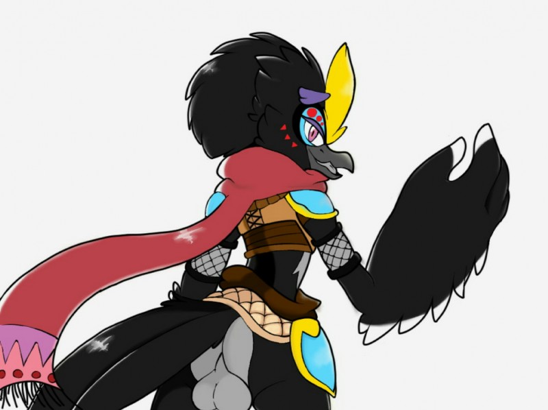 anthro armor balls beak big_hands black_body black_feathers clothed clothing feathers genitals highlights_(coloring) inviting looking_at_viewer male partially_clothed scarf simple_background smile solo tongue white_background white_highlights wings thekatdragon49 breath_of_the_wild nintendo the_legend_of_zelda fan_character kieran_(thekatdragon49) avian bird rito hi_res