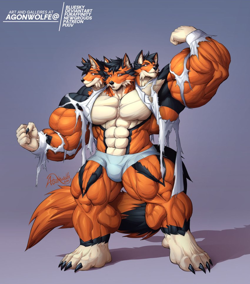 3_heads abs anthro big_biceps big_muscles big_pecs biped bulge flexing fur huge_muscles hyper hyper_muscles male multi_head muscular muscular_calves muscular_male orange_body orange_fur pecs plantigrade quads agonwolfe european_mythology greek_mythology mythology canid canid_demon canine cerberus demon hellhound mammal mythological_canine mythological_creature 2024 hi_res