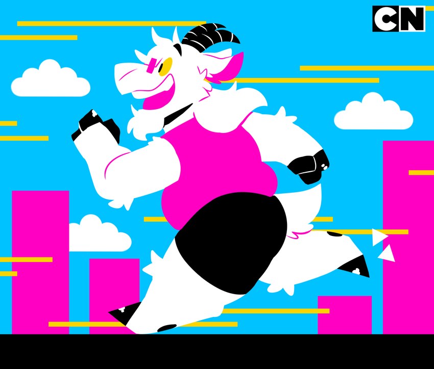 anthro black_bottomwear black_clothing black_shorts bottomwear clothing cloud eyewear fur glasses hooves horn male open_mouth pink_clothing pink_shirt pink_tank_top pink_topwear running shirt shorts side_view slightly_chubby solo tank_top topwear white_body white_fur syc cartoon_network_palette_challenge bovid caprine goat mammal hi_res