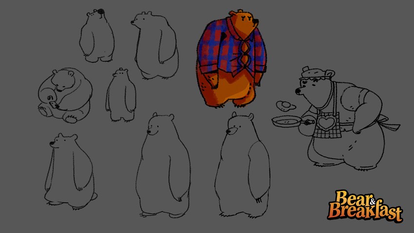 anthro apron black_nose brown_body clothing cooking hat headgear headwear shirt simple_background sitting solo topwear unknown_artist bear_and_breakfast hank_(bear_and_breakfast) bear mammal 16:9 concept_art hi_res official_art widescreen