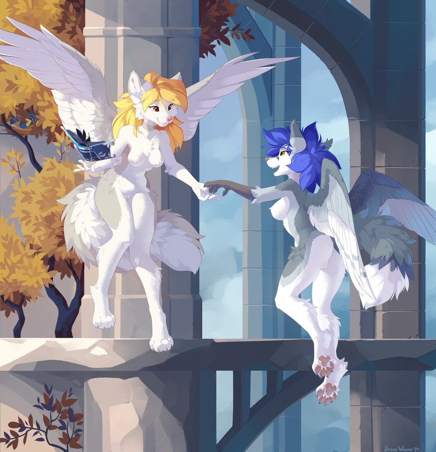 anthro architecture autumn_leaves biped blonde_hair blue_hair book breasts casual_nudity chest_tuft claws countershade_fur countershade_torso countershade_wings countershading day detailed_background duo eyebrow_through_hair eyebrows eyelashes eyelashes_through_hair feathered_wings feathers female female/female fluffy fluffy_ears fluffy_tail flying front_view fur genitals grey_body grey_countershading grey_fur hair humanoid_genitalia humanoid_pussy leg_tuft long_hair looking_at_another medium_breasts multicolored_body multicolored_fur nude nude_anthro nude_female open_mouth orange_eyes outside pawpads paws plant pussy smile smiling_at_another spread_wings tail talon_hands toe_claws translucent translucent_hair tree tuft white_body white_fur white_sclera white_wings wings dream_weaver_pony gabriel_serealia canid canine enfield fox hybrid mammal 2024 absurd_res digital_media_(artwork) full-length_portrait hi_res portrait signature