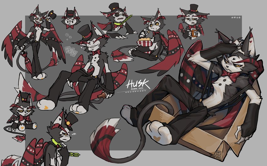 anthro barefoot box collar container demonic eating embarrassed eyes_closed feet food heart_symbol leash leash_pull leashed_collar lying male membrane_(anatomy) membranous_wings on_back popcorn solo tipping_hat wings ty_arashi hazbin_hotel if_it_fits_i_sits_(meme) husk_(hazbin_hotel) demon domestic_cat felid feline felis mammal 16:10 absurd_res hi_res meme widescreen