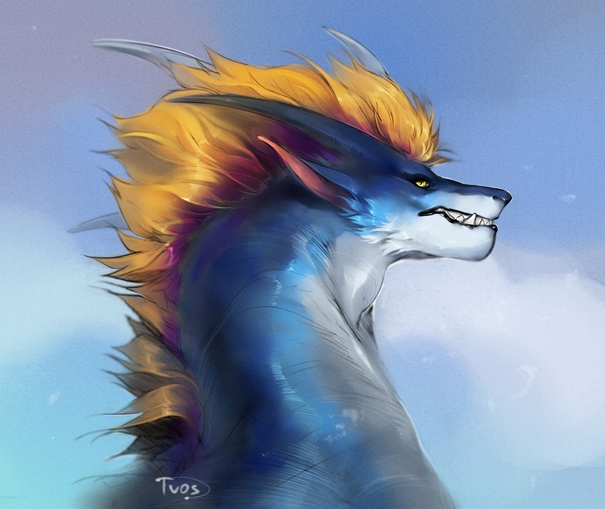 annoyed blue_body blue_fur feral fur glance grumpy hair horn mane mane_hair sky teeth thick_neck terpshiche european_mythology mythology teryx teryx_commodore dragon mythological_creature mythological_scalie rain_dragon scalie western_dragon bust_portrait hi_res portrait