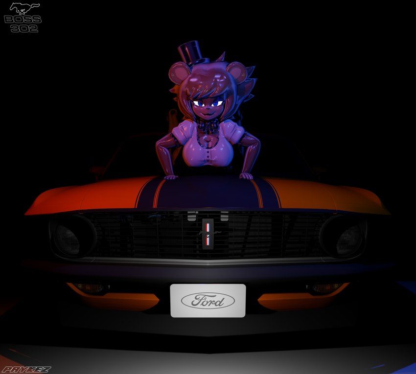 anthro big_breasts black_bow_tie black_clothing black_legwear black_stockings black_top_hat blue_eyes blue_stripe bow_tie breasts cleavage clothed clothing female glowing glowing_eyes headlights legwear shirt solo stockings topwear white_clothing white_shirt white_topwear sheeple3d five_nights_at_freddy's ford ford_mustang fredina's_nightclub scottgames freddy_(fnaf) fredina_(cally3d) bear mammal 2022 3d_(artwork) absurd_res digital_media_(artwork) hi_res