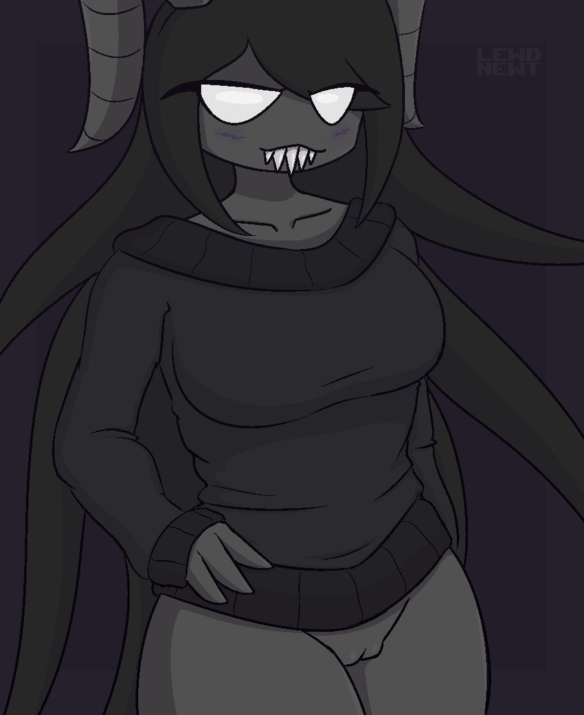 big_breasts black_clothing black_hair black_sweater black_topwear bottomless breasts clothed clothing empty_eyes eyelashes female genitals grey_horn hair hand_on_hip horn long_hair looking_at_viewer purple_background pussy sharp_teeth simple_background solo sweater teeth thick_thighs topwear white_eyes wide_hips lewdnewt the_binding_of_isaac_(series) siren_(tboi) the_siren demon demon_humanoid horned_humanoid humanoid