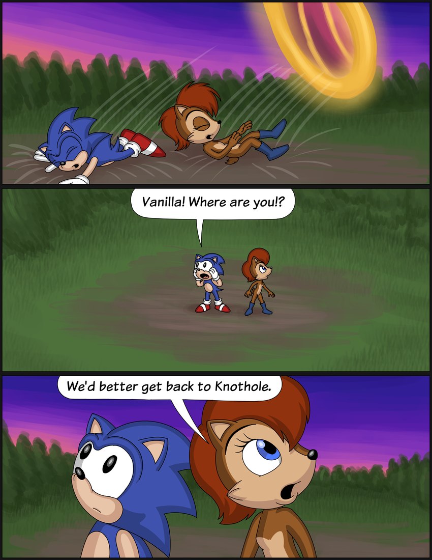 clothed clothing dialogue female outside partially_clothed text omatic archie_comics sega sonic_the_hedgehog_(archie) sonic_the_hedgehog_(comics) sonic_the_hedgehog_(satam) sonic_the_hedgehog_(series) sally_acorn sonic_the_hedgehog eulipotyphlan hedgehog mammal rodent sciurid tree_squirrel absurd_res comic english_text hi_res