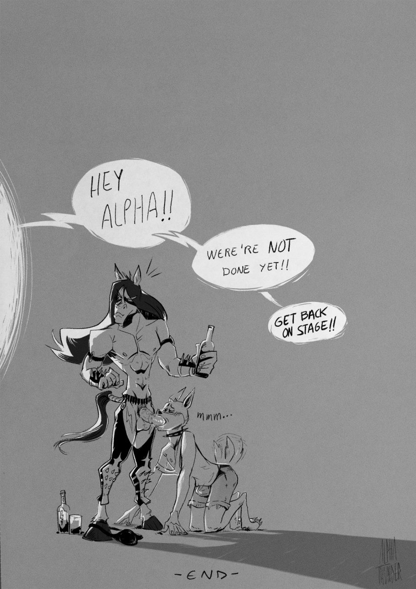abs alcohol all_fours anthro anthro_on_anthro anthro_penetrated anthro_penetrating anthro_penetrating_anthro balls beverage big_penis bottle bottomwear bracelet bulge clothing collar container corpse_paint dialogue duo fellatio genitals groupie hair hooves jewelry kneeling kneeling_oral_position kneeling_sex leather leather_bottomwear leather_clothing leather_pants long_hair male male/male male_penetrated male_penetrating male_penetrating_male medial_ring muscular muscular_male nipples offscreen_character oral pants pecs penetration penile penile_penetration penis sex simple_background speech_bubble spiked_bracelet spiked_collar spikes tail tail_motion tailwag tenting text alpha-thunder alpha-thunder_(character) canid canine canis equid equine horse mammal comic english_text hi_res monochrome
