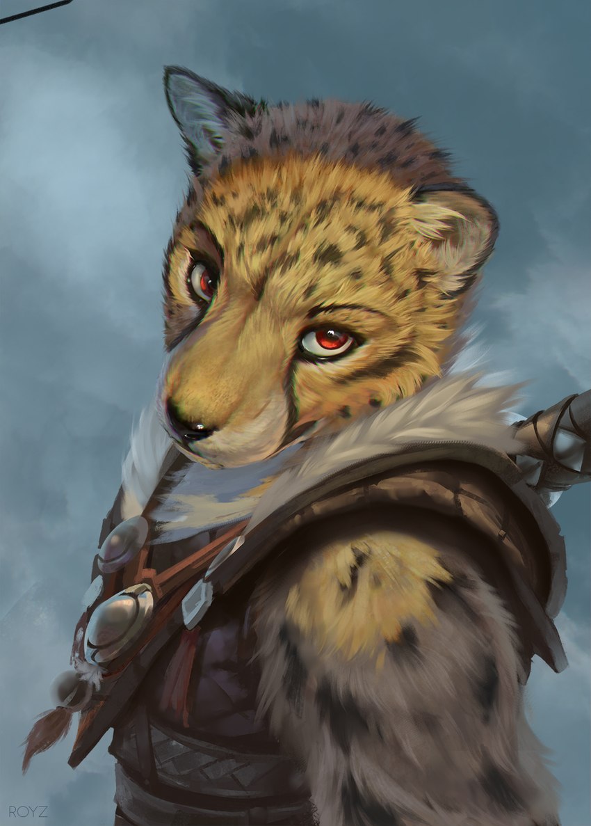 anthro armor black_nose fur inner_ear_fluff japan looking_at_viewer male male_anthro markings melee_weapon red_eyes samurai solo spots spotted_body spotted_fur sword tan_body tan_fur tuft warrior weapon conditional_dnp latex_(artist) cheetah felid feline mammal hi_res