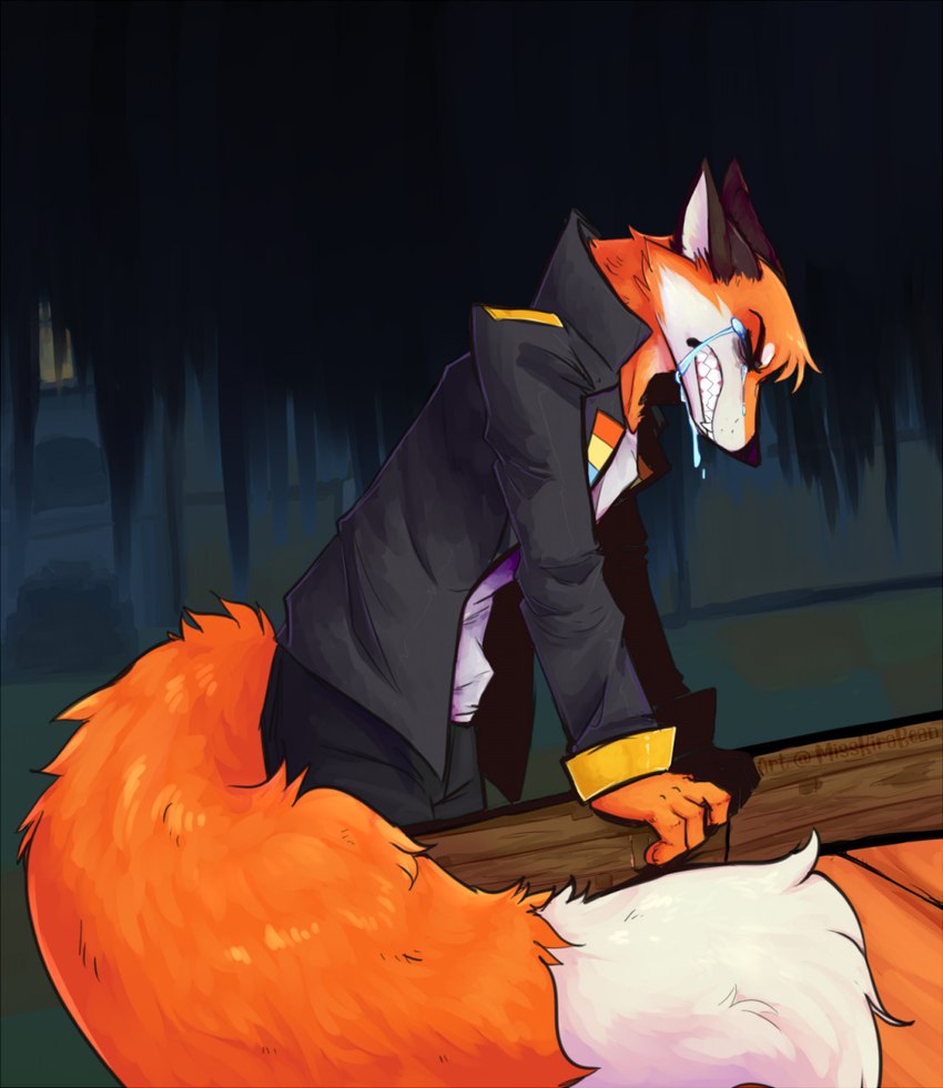 anthro biped bodily_fluids bottomwear clothed clothing countershade_face countershading crying dipstick_tail eyes_closed fluffy fluffy_tail fur furnace head_tuft humanoid_hands jacket male markings orange_body orange_fur pants sad shirt solo standing tail tail_markings tears teeth topwear tuft white_tail_tip wood meep_(artist) dream_smp microsoft minecraft mojang xbox_game_studios fundy canid canine fox mammal red_fox true_fox 2021 hi_res shaded