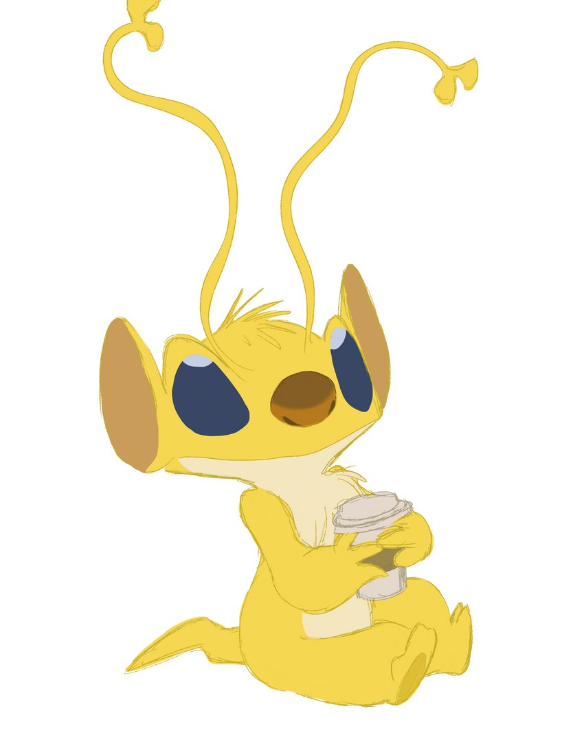 ambiguous_gender antennae_(anatomy) anthro biped blue_eyes brown_inner_ear brown_nose coffee_cup container cup forked_antennae fur head_tuft holding_container holding_cup holding_object long_antennae simple_background solo tuft white_background yellow_body yellow_fur doverstar disney lilo_and_stitch sparky_(lilo_and_stitch) alien experiment_(lilo_and_stitch) 2023 absurd_res colored_sketch digital_drawing_(artwork) digital_media_(artwork) hi_res sketch