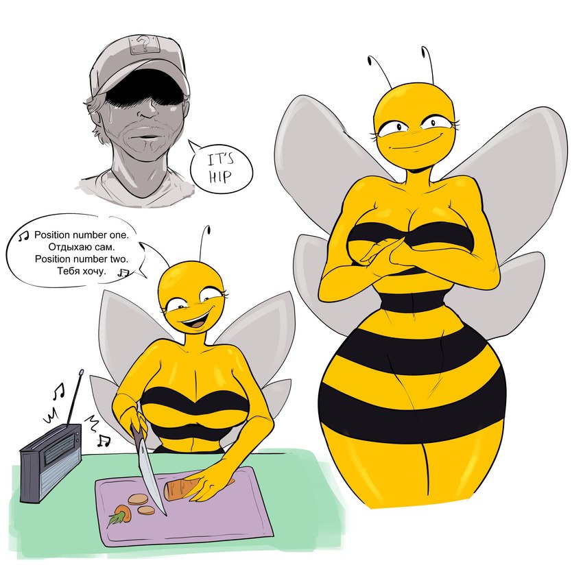 antennae_(anatomy) anthro beard big_breasts black_stripes breasts carrot clothing cooking duo electronics facial_hair female food hat headgear headwear it's_hip_to_fuck_bees male plant radio smile stripes text thick_thighs vegetable wings yellow_body thedarkzircon oleina russian_cooking_oil_commercial vinesauce lena_the_bee vinny_(vinesauce) arthropod bee human hymenopteran insect mammal 2023 english_text hi_res russian_text