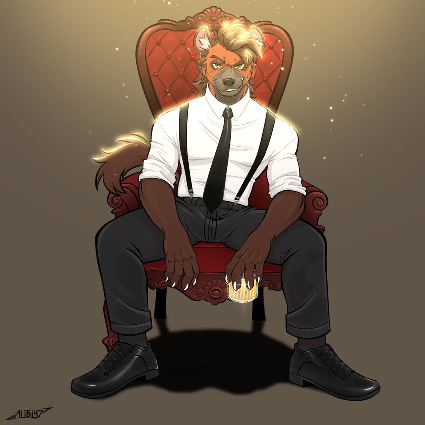 alcohol anthro beverage black_bottomwear black_clothing black_footwear black_necktie black_nose black_pants black_socks black_suspenders bottomwear brown_body brown_eyebrows brown_fur brown_hair brown_spots chair claws clothed clothed_male clothing collared_shirt confident container cup dress_shirt dress_shoes drinking_glass ear_piercing eyebrows footwear fully_clothed fully_clothed_male fur furniture glass glass_container glass_cup glowing green_eyes hair holding_beverage holding_glass holding_object inner_ear_fluff looking_at_viewer male male_anthro necktie pants piercing shirt shoes short_hair simple_background sitting slim_male smile smiling_at_viewer snaggle_tooth socks solo spots suspenders tail topwear tuft whisker_spots whiskers whiskey whiskey_glass white_claws white_dress_shirt white_inner_ear_fluff alibi_47 hyena mammal 1:1 2024 cel_shading hi_res shaded signature