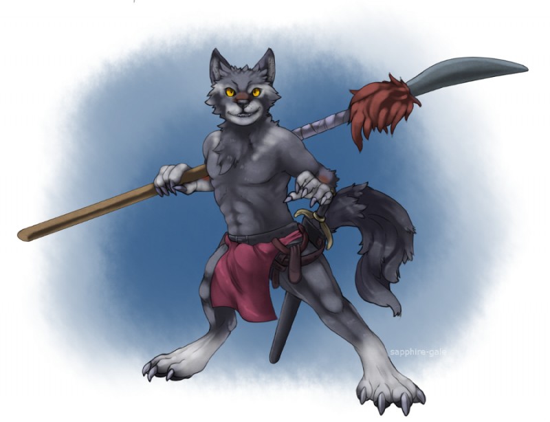 anthro bottomwear clothing loincloth looking_at_viewer male melee_weapon polearm solo spear sword weapon yellow_eyes sapphire-gale aetherel canid canine canis mammal wolf