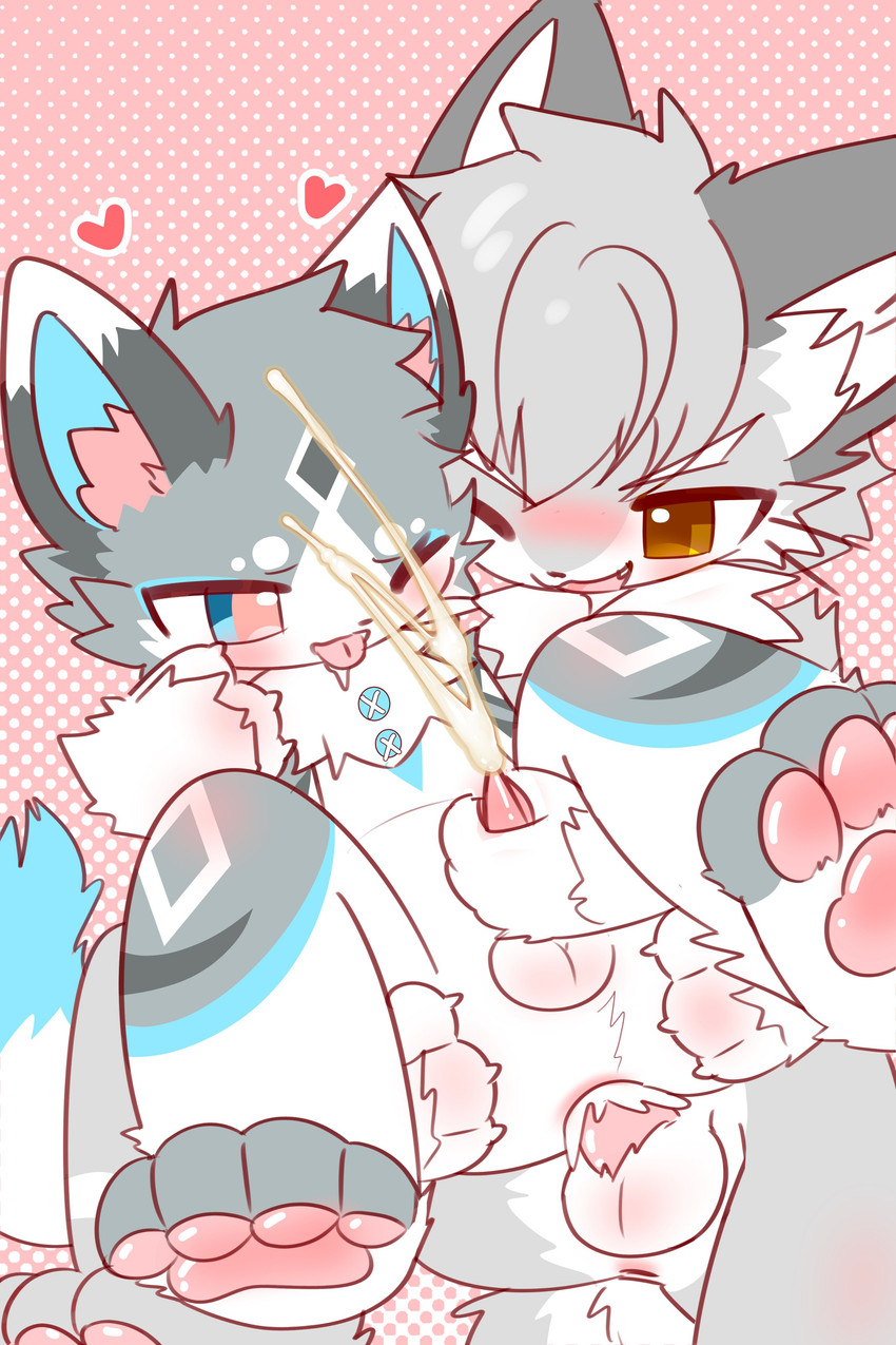 anal anal_penetration anthro blue_eyes blue_inner_ear bodily_fluids circle_eyebrows claws countershading cum cumshot cumshot_in_ass dipstick_ears dipstick_tail dotted_background drooling_tongue duo ear_markings ejaculation eyebrows facial_markings finger_claws forehead_markings from_behind_position genital_fluids genitals grey_body handjob handjob_while_penetrating head_markings leg_markings male male/male markings multicolored_ears narrowed_eyebrows one_eye_closed open_mouth pattern_background pawpads penetration penile penile_penetration penis penis_in_ass perineum_tuft pink_pawpads pink_penis pink_pupils pupils sex simple_background tail tail_markings tongue tongue_out white_body white_countershading white_inner_ear young young_anthro ras_soy domestic_cat felid feline felis mammal absurd_res hi_res