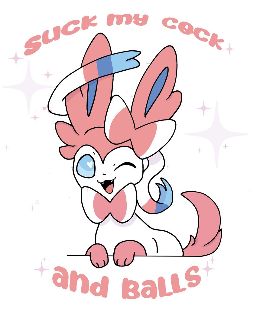 ambiguous_gender fangs feral fur looking_at_viewer one_eye_closed open_mouth paws ribbons simple_background smile solo sparkles teeth text tongue white_background wink strawberryvixen nintendo pokemon eeveelution generation_6_pokemon mammal pokemon_(species) sylveon english_text hi_res reaction_image