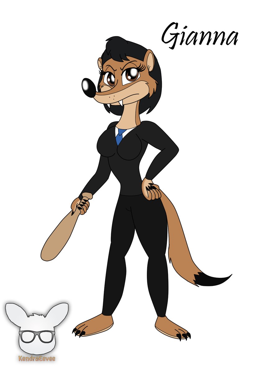 anthro baseball_bat bat_(object) black_hair black_tie_(suit) brown_body brown_eyes brown_fur clothing female fur hair kendraeevee solo suit kendratheshinyeevee a_toon_rabbit_in_a_weasels'_den gianna_(kendraeevee) mammal mustelid musteline true_musteline weasel hi_res