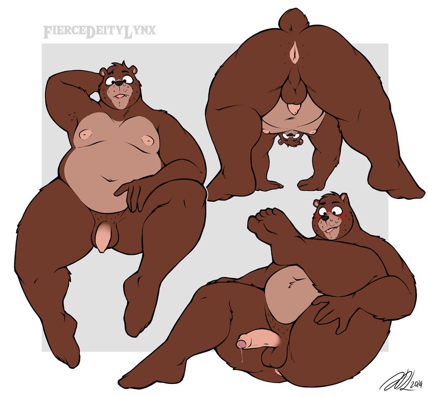 5_toes anthro anus areola backsack balls belly biped bodily_fluids brown_body brown_fur butt countershade_fur countershade_torso countershading feet fingers foreskin fur genital_fluids genitals glans humanoid_genitalia humanoid_penis male nipples nude overweight overweight_anthro overweight_male penis perineum precum solo spread_legs spreading tail text toes fiercedeitylynx marlon_(fiercedeitylynx) bear mammal absurd_res hi_res