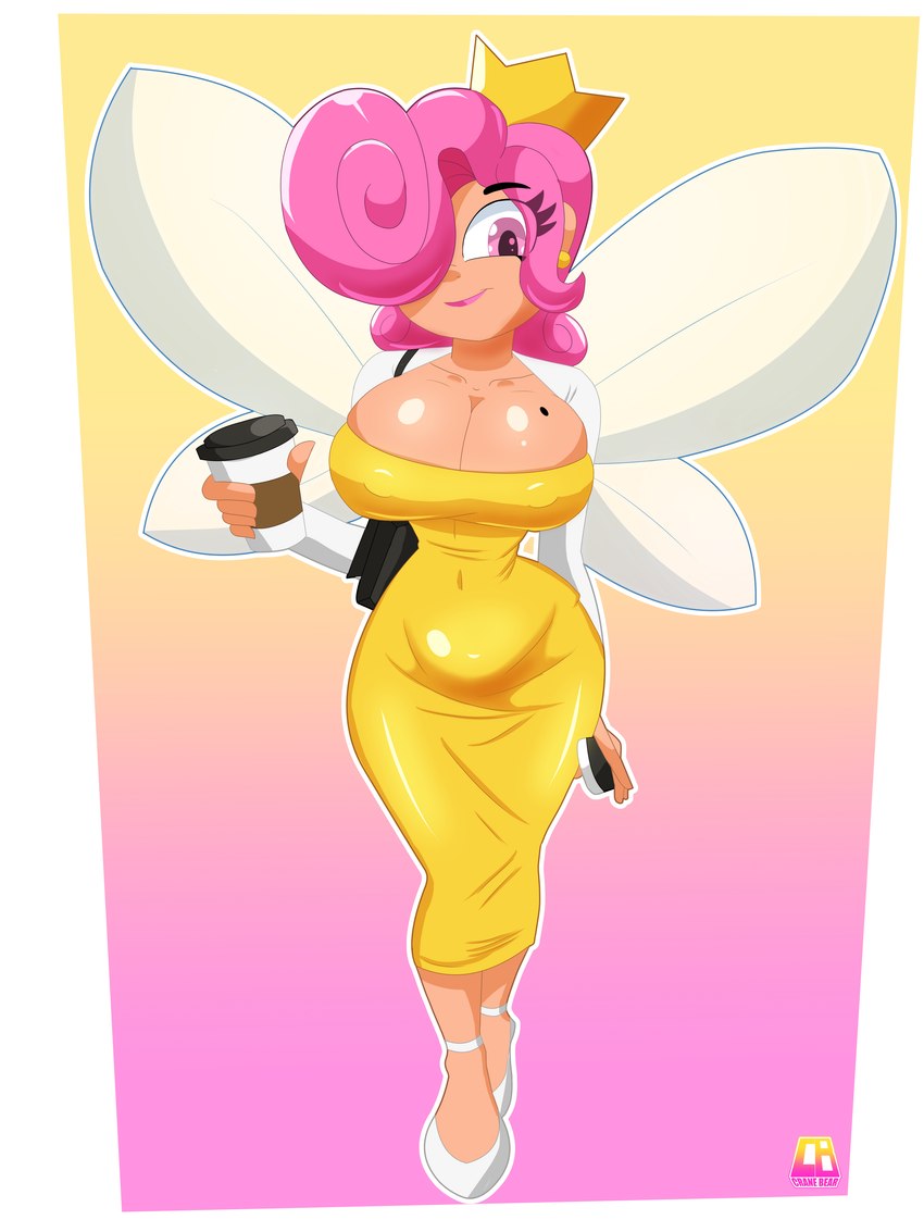 beverage cellphone clothing coffee crown dress electronics female footwear hair handbag headgear high_heels insect_wings phone pink_hair shoes smartphone solo wavy_hair wings yellow_outfit cranebear nickelodeon the_fairly_oddparents wanda_(fop) fairy humanoid absurd_res hi_res