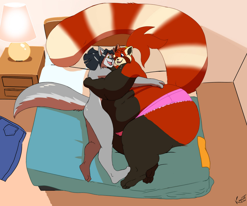 anthro bed clothed clothing crossdressing cuddling duo furniture hair hair_bun hug long_tail male male/male manbun on_bed overweight overweight_male panties pink_clothing pink_panties pink_underwear size_difference tail underwear kazecat akai_(kazecat) keda_(anime-wolf-08) ailurid canid canine mammal red_panda